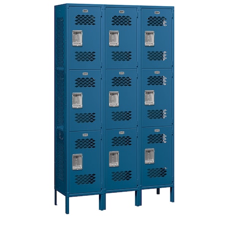 Salsbury Industries Wardrobe Locker, 45" W, 15" D, 78" H, (3) Wide, (9) Openings, Blue 83365BL-U